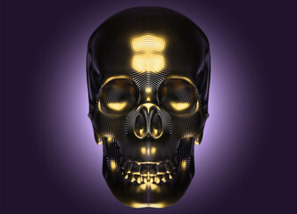 A golden skull made up of many tiny dots on a dark background. The pointillism technique creates a three-dimensional effect with intricate details and metallic shine. Vector illustration