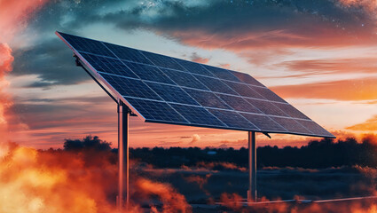 日没に照らされるソーラーパネルが再生可能エネルギーの美しさを感じさせる瞬間。生成AI