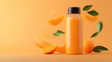 Enhance your beverage display with a transparent orange juice bottle floating in midair surrounded by fresh citrus elements