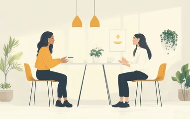 Two women in a cafe talking and drinking coffee.