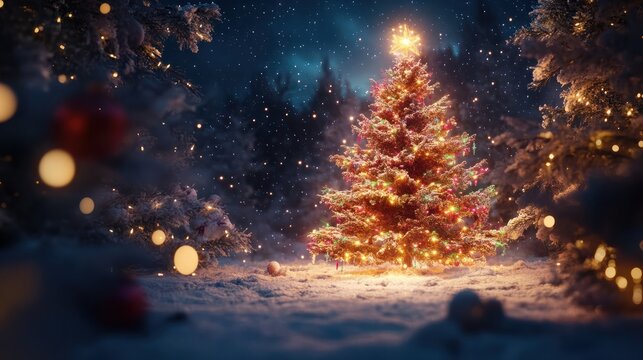un fondo iluminado con destellos de luces brillantes con un arbol de navidad decorado alegre y con luces para tarjeta navide&Atilde;&plusmn;a o dise&Atilde;&plusmn;o con espacio de copia