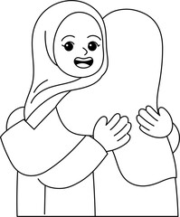Cute muslim kid hugging outline coloring