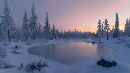 Fototapeta premium A frozen lake surrounded by snow-covered pine trees, with a pink and purple sky in the background.
