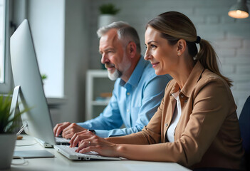 Two middle age colleagues working at the office on their computer