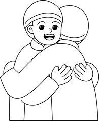 Cute muslim kid hugging outline coloring
