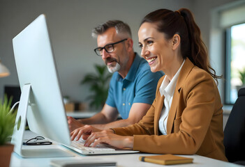 Two middle age colleagues working at the office on their computer