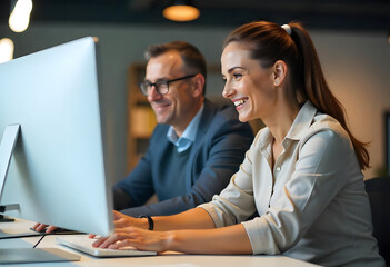 Two middle age colleagues working at the office on their computer