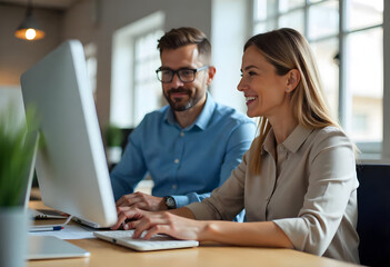Two middle age colleagues working at the office on their computer