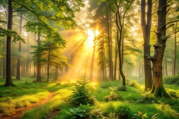 Mystical Dawn Mist Enveloping Lush Forest Awakening to Ethereal Light - Serene Nature Scene, Golden Hour Glow, Enchanted Woods, Tranquil Landscape, Dreamy Atmosphere