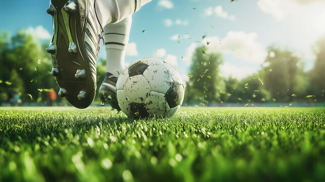Soccer player kicking ball on green field in sunlight