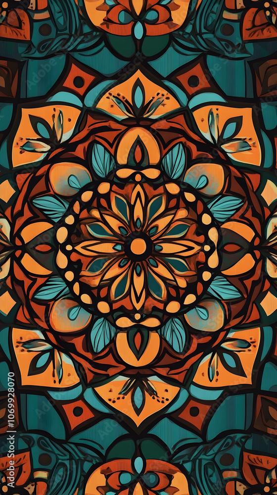 Poster a symmetrical design with teal, orange, and red patterns.