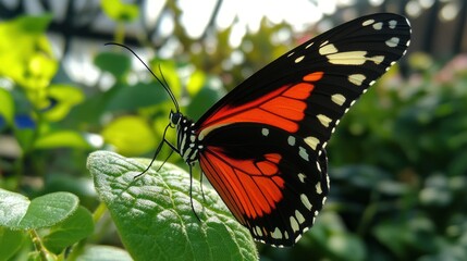 Obraz premium A vibrant butterfly perched on a green leaf amidst a lush background.