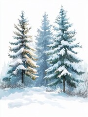 Fototapeta premium Watercolor winter coniferous trees forest. Serene snowy scene, landscape with snow covered pines