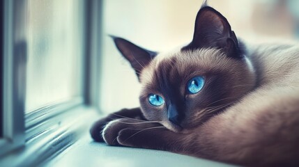 A close-up of a Siamese cat with striking blue eyes resting by a window.