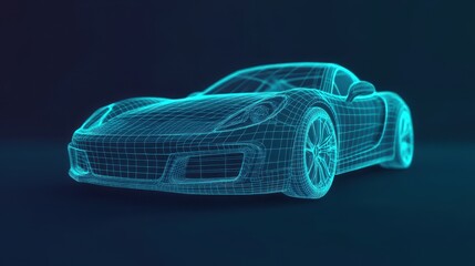 A futuristic blue wireframe model of a sleek sports car with intricate details against a dark background.