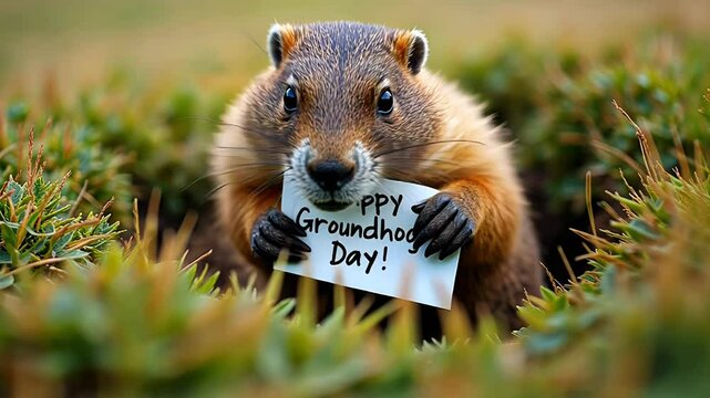 Funny curious groundhog with note "Happy Groundhog Day" peers out of his burrow into field. Groundhog Day Concept