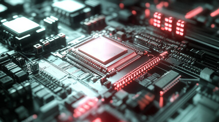 Obraz premium Proces produkcji półprzewodników, z precyzyjnymi maszynami i mikroukładami w centrum uwagi.