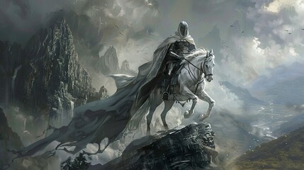 Fototapeta premium Epic Fantasy Landscape with Knight on Horseback