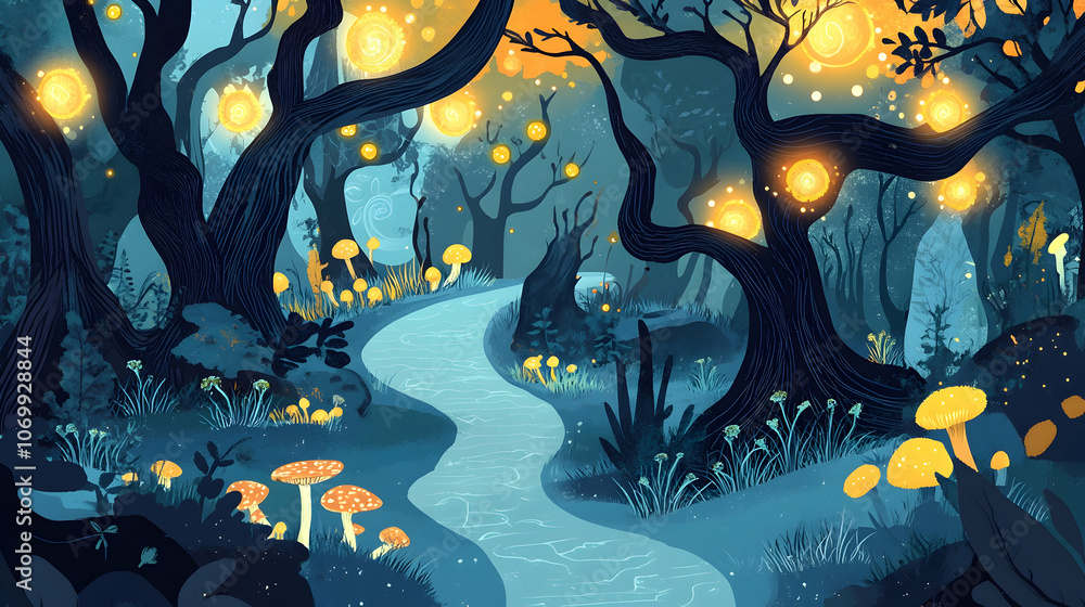 Poster a winding path through a magical forest illuminated by glowing orbs hanging from the trees.