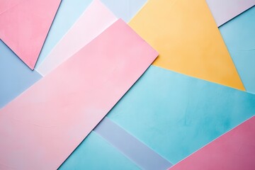 Fototapeta premium Colorful paper sheets in a geometric layout on blue background