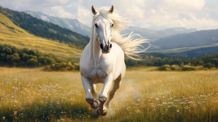 A majestic white horse gallops through a golden field, surrounded by mountains and vibrant nature under a clear blue sky.