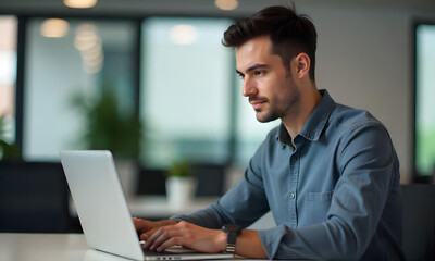 Photo of a young professional business man in blue shirt working at the office and looking at the screen of his laptop