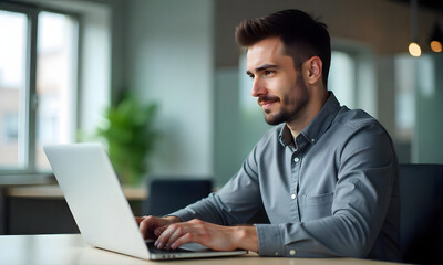 Photo of a young professional business man in blue shirt working at the office and looking at the screen of his laptop