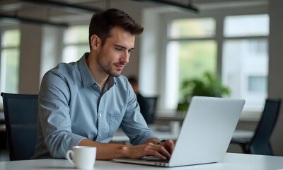 Photo of a young professional business man in blue shirt working at the office and looking at the screen of his laptop