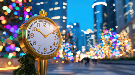 golden clock stands in vibrant city street adorned with colorful lights, capturing festive New Year atmosphere