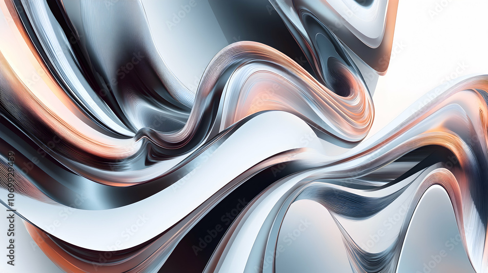 Poster abstract 3d render of metallic liquid flowing with smooth curves and reflections against a white bac