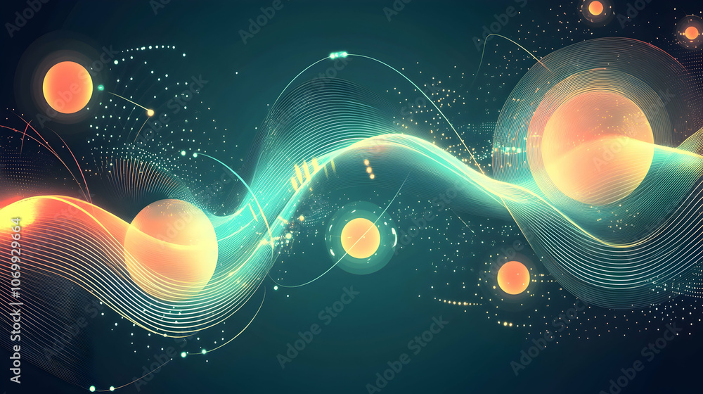 Poster abstract background with glowing orbs and waves.