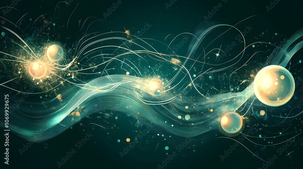 Poster abstract background with glowing orbs, lines and particles.