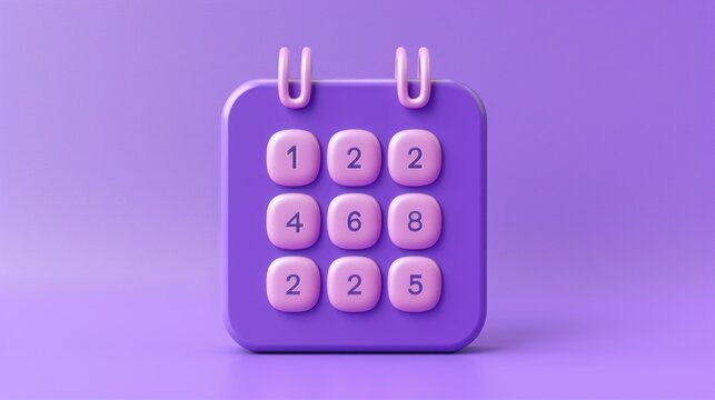 A 3D rendering of a purple calendar icon with a pink border.