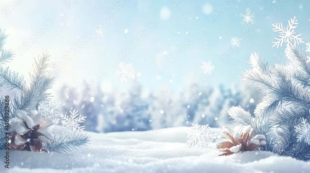 Aufkleber winter snowflake snowy border background design with large and small snow flakes, and beautiful wint