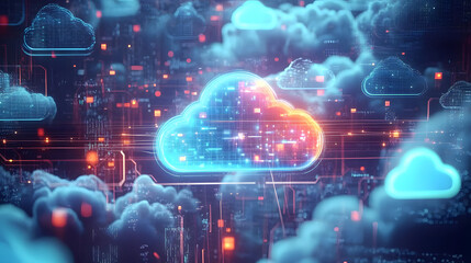 Obraz premium Futuristic cloud computing imagery with glowing data connections and abstract digital elements representing technology concepts.
