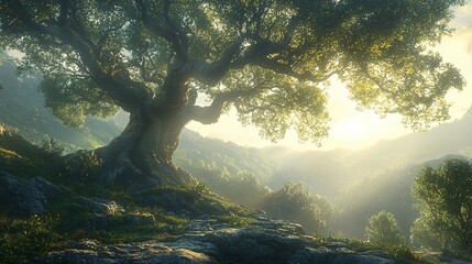 Obraz premium Ancient Oak Tree Overlooking Misty Valley at Sunrise