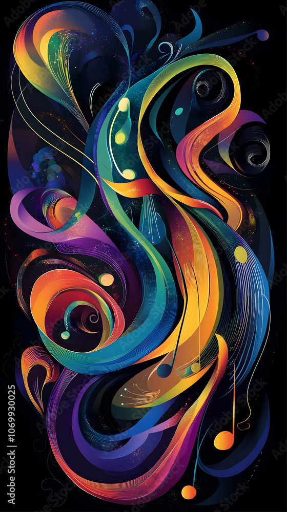 Poster abstract colorful swirls and lines on a dark background.