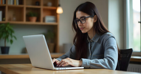 Young pretty woman wearing  business shirt in her late 20s smiling and working at her desk