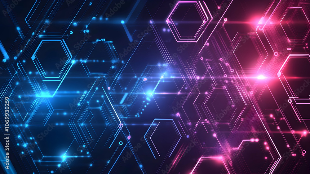 Poster abstract digital background with glowing hexagons and lines in blue and pink colors.