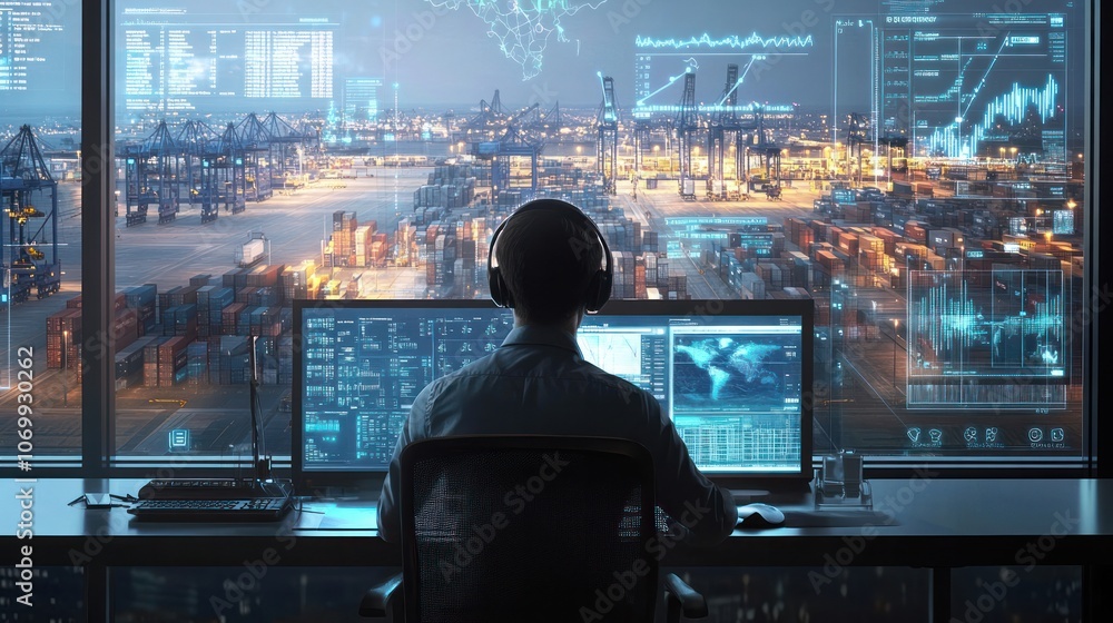 Poster a busy call center worker sits at a desk surrounded by multiple computer screens displaying logistic