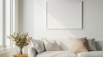 Fototapeta premium Minimalist Living Room with White Sofa and Flowers