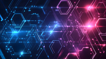 Obraz premium Abstract digital background with glowing hexagons and lines in blue and pink colors.