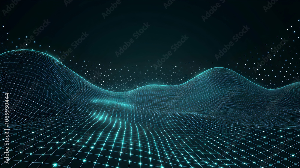 Poster abstract digital landscape with glowing lines and dots.