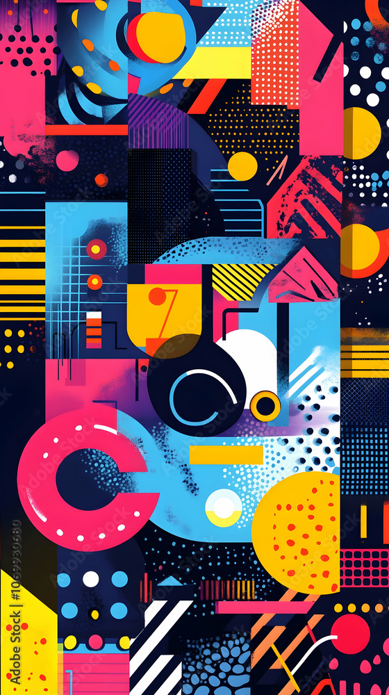 Poster abstract geometric pattern with vibrant colors and shapes.