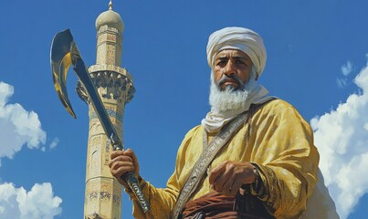 Obraz premium Man with a beard holding a large axe.