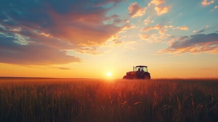 Fototapeta premium Silhouetted tractor at sunrise in a field with a colorful sky in the background.
