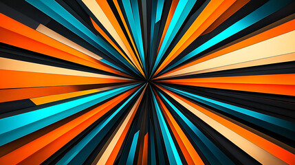 Abstract image with dynamic turquoise and orange lines converging toward a central point on a dark background, creating a bold, energetic, and vibrant design.