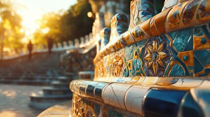 Close-up of the intricate ceramic tiles that form a decorative arch. Showcasing craftsmanship and bright colors