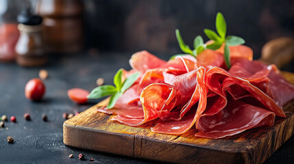 Pokrojone plastry prosciutto na drewnianej desce, które prezentują się zachwycająco.

