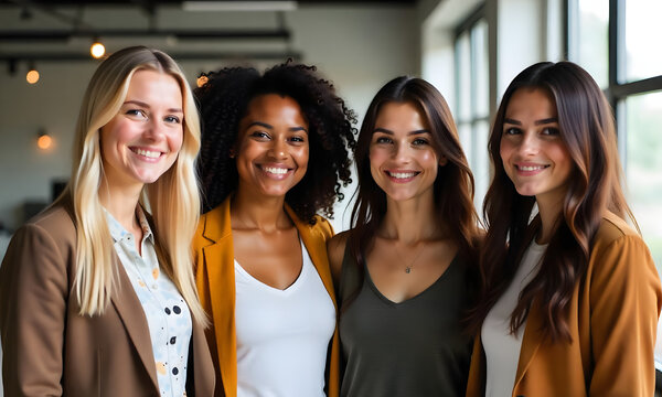 Group of four female colleagues in the office at work in business casual attire looking in the camera and smiling - Powered by Adobe